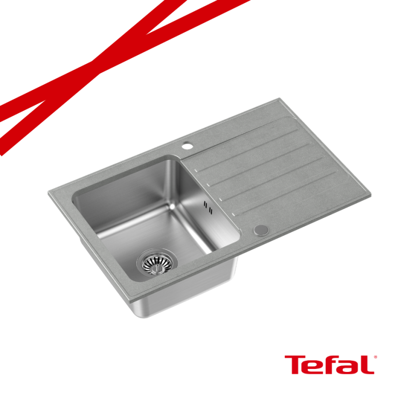 KENNETH 111 Fusion GraniteQ silver stone z komorą stalową (780x480x195) z syfonem manualnym i zaślepką + PATELNIA TEFAL INDUKCJA