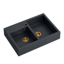 Zlewozmywak granitowy BILL 120 – dwukomorowy, nakładany, black diamond/elementy miedziane, Quadron