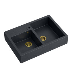 Zlewozmywak granitowy BILL 120 – dwukomorowy, nakładany, black diamond/elementy złote, Quadron