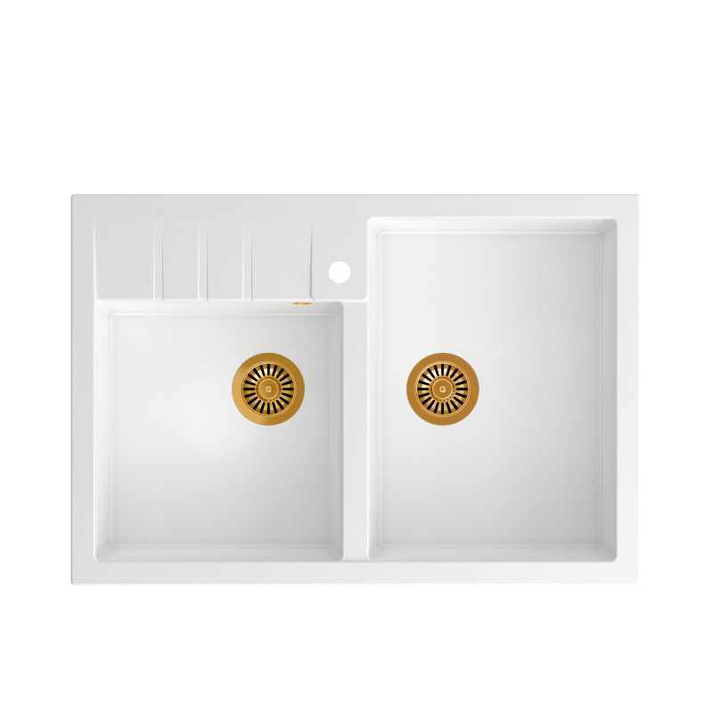 Zlewozmywak granitowy BILL 120 – dwukomorowy, nakładany, snow white/elementy miedziane, Quadron