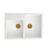 Zlewozmywak granitowy BILL 120 – dwukomorowy, nakładany, snow white/elementy miedziane, Quadron