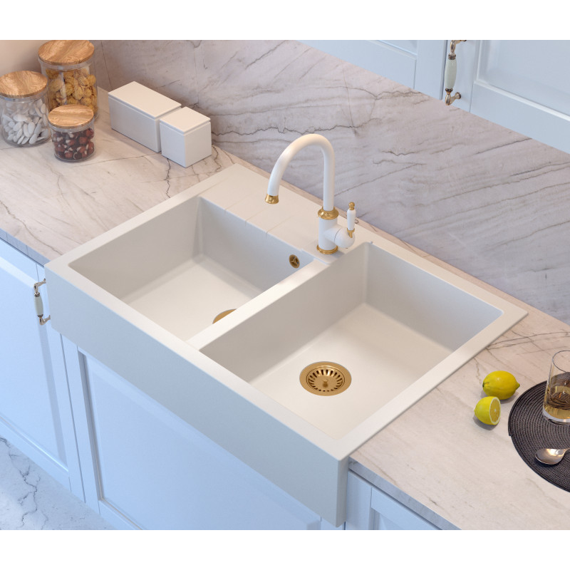 Zlewozmywak granitowy BILL 120 – dwukomorowy, nakładany, snow white/elementy miedziane, Quadron