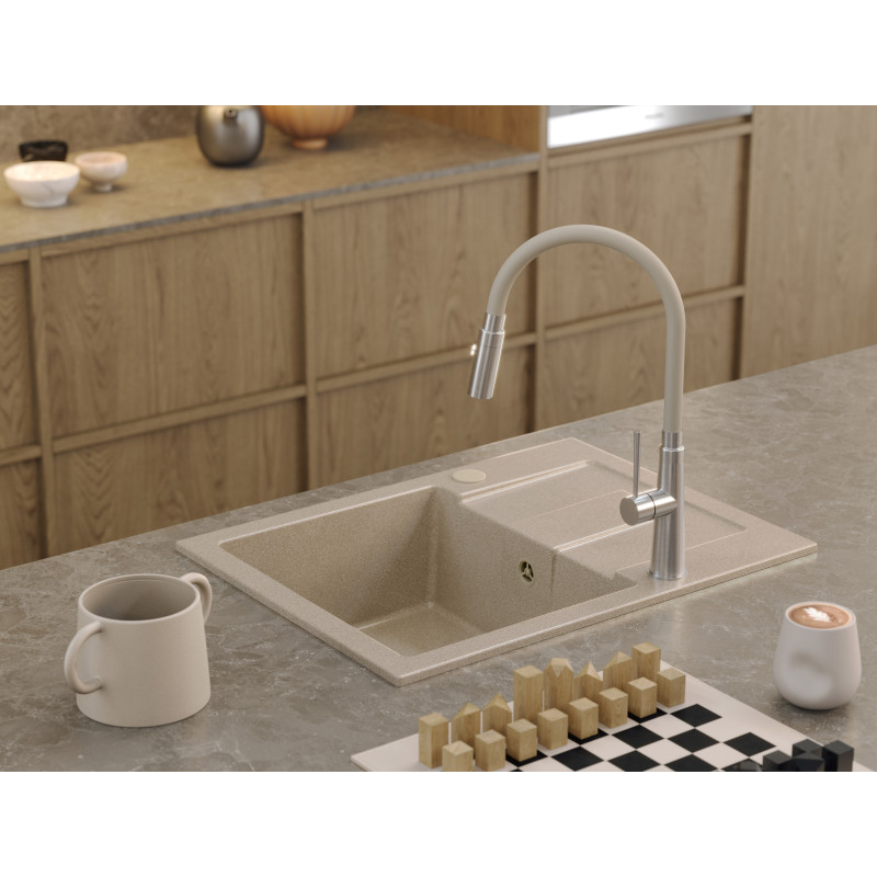 Zlewozmywak granitowy CHRISTIAN 116 – jednokomorowy, wpuszczany, river sand/elementy beżowe, Quadron