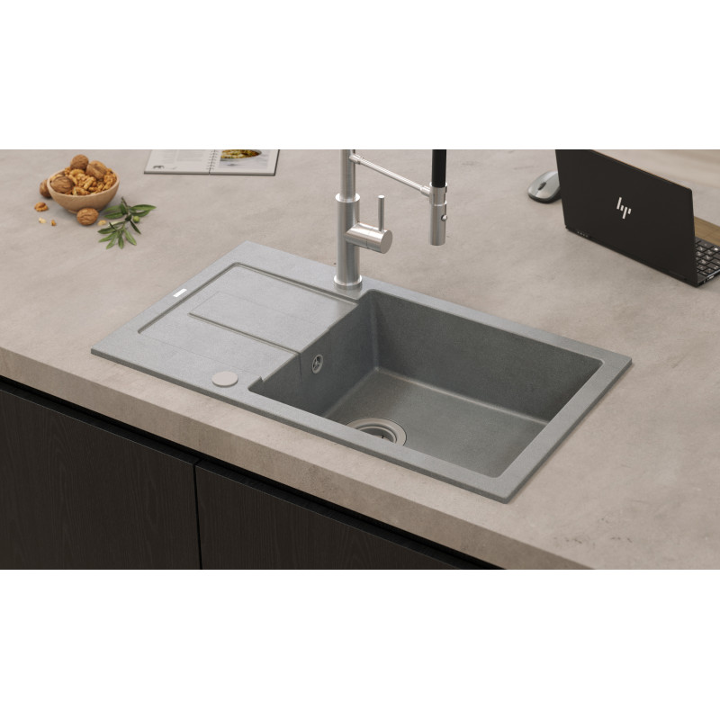 Zlewozmywak granitowy CHRISTIAN 136 XL – jednokomorowy, wpuszczany, silver stone/elementy szare, Quadron