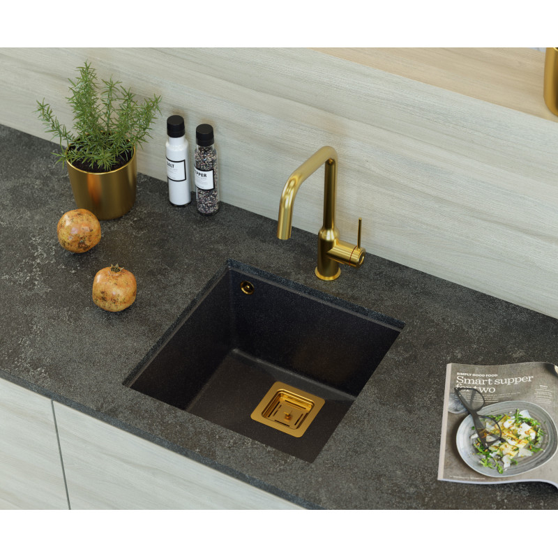 Zlewozmywak granitowy DAVID 40 – jednokomorowy, podwieszany, black diamond/elementy miedziane, Quadron