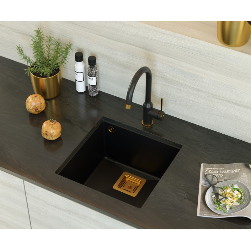 Zlewozmywak granitowy DAVID 40 – jednokomorowy, podwieszany, pure carbon/elementy miedziane, Quadron