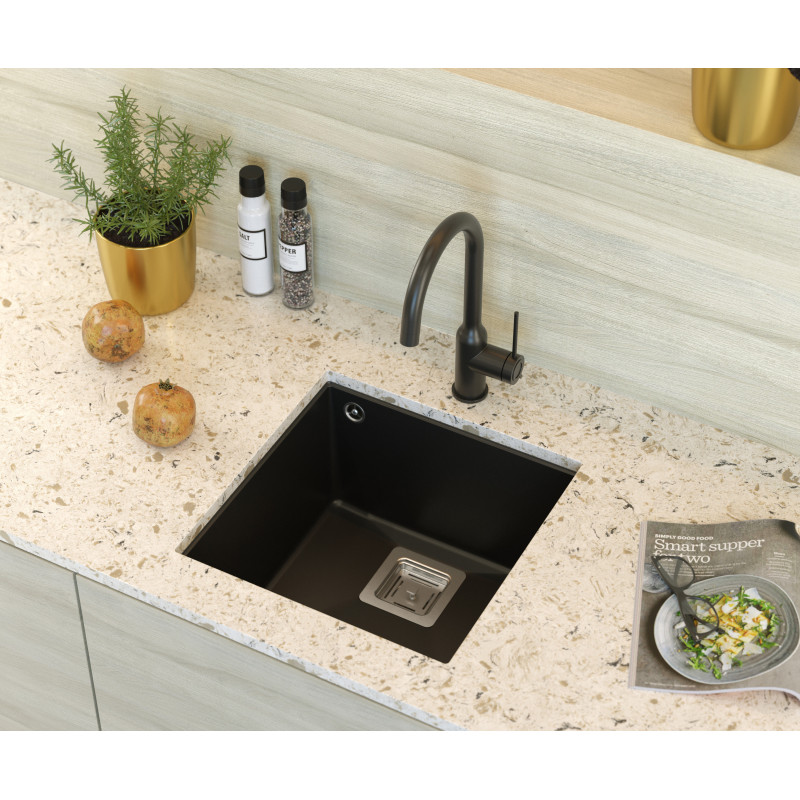 Zlewozmywak granitowy DAVID 40 – jednokomorowy, podwieszany, pure carbon/elementy stalowe, Quadron