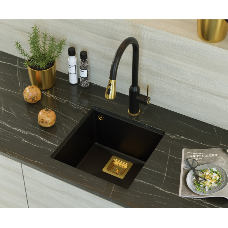 Zlewozmywak granitowy DAVID 40 – jednokomorowy, podwieszany, pure carbon/elementy złote, Quadron