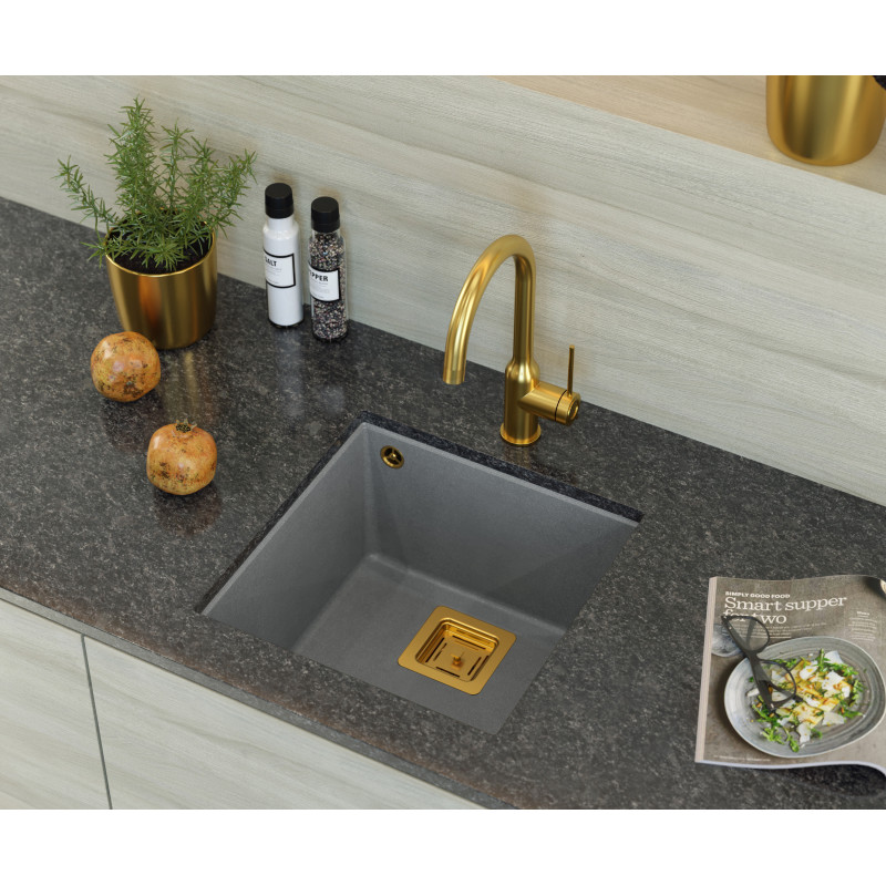 Zlewozmywak granitowy DAVID 40 – jednokomorowy, podwieszany, silver stone/elementy miedziane, Quadron