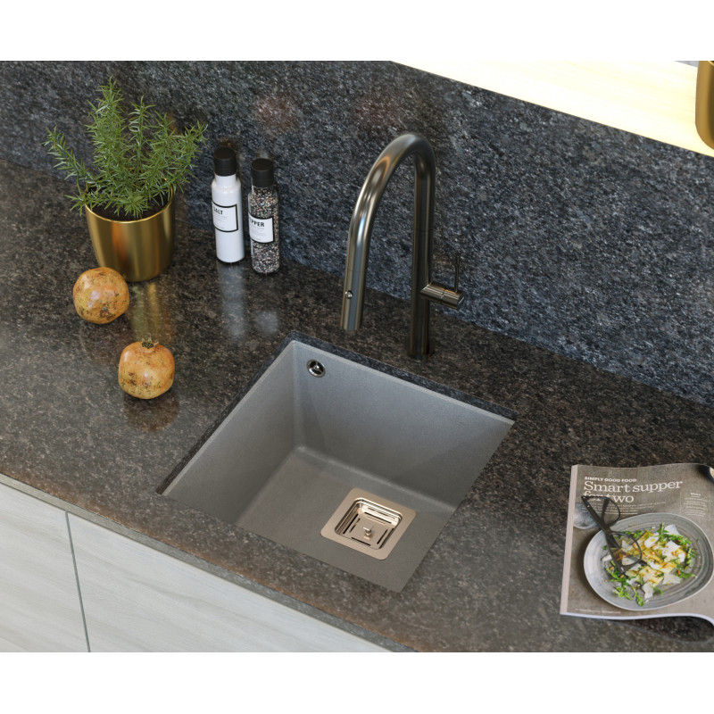Zlewozmywak granitowy DAVID 40 – jednokomorowy, podwieszany, silver stone/elementy stalowe, Quadron