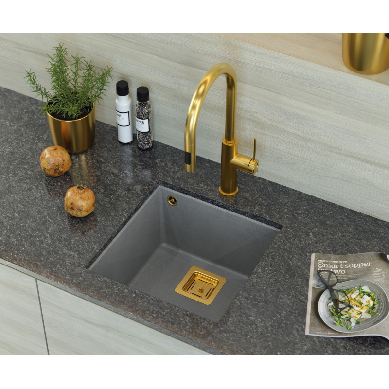 Zlewozmywak granitowy DAVID 40 – jednokomorowy, podwieszany, silver stone/elementy złote, Quadron
