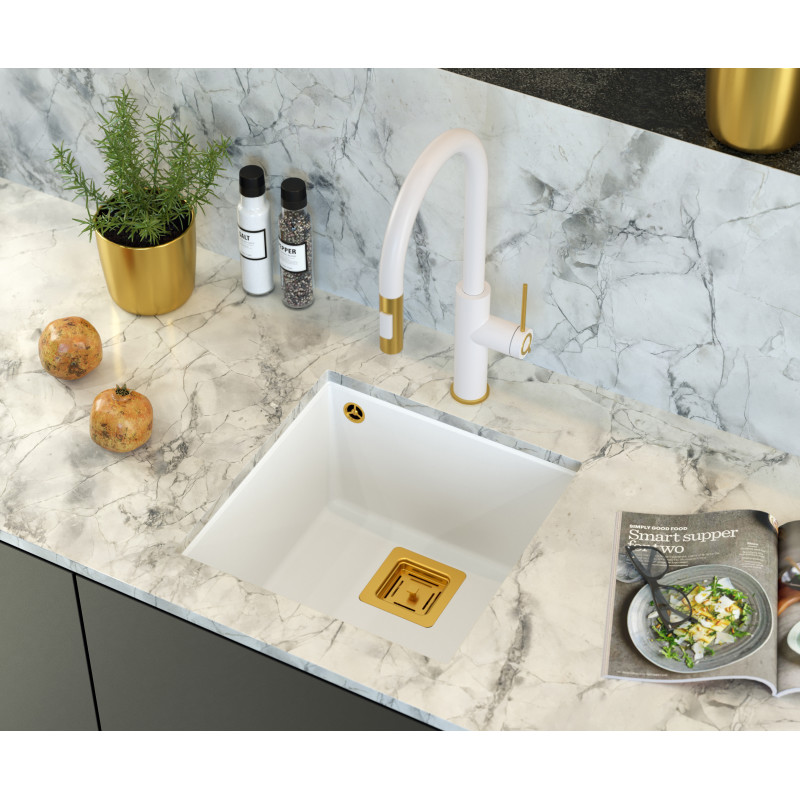 Zlewozmywak granitowy DAVID 40 – jednokomorowy, podwieszany, snow white/elementy miedziane, Quadron