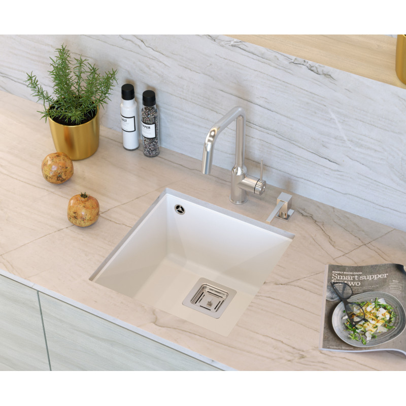 Zlewozmywak granitowy DAVID 40 – jednokomorowy, podwieszany, snow white/elementy stalowe, Quadron