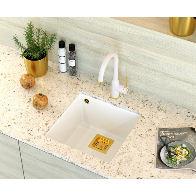 Zlewozmywak granitowy DAVID 40 – jednokomorowy, podwieszany, snow white/elementy złote, Quadron