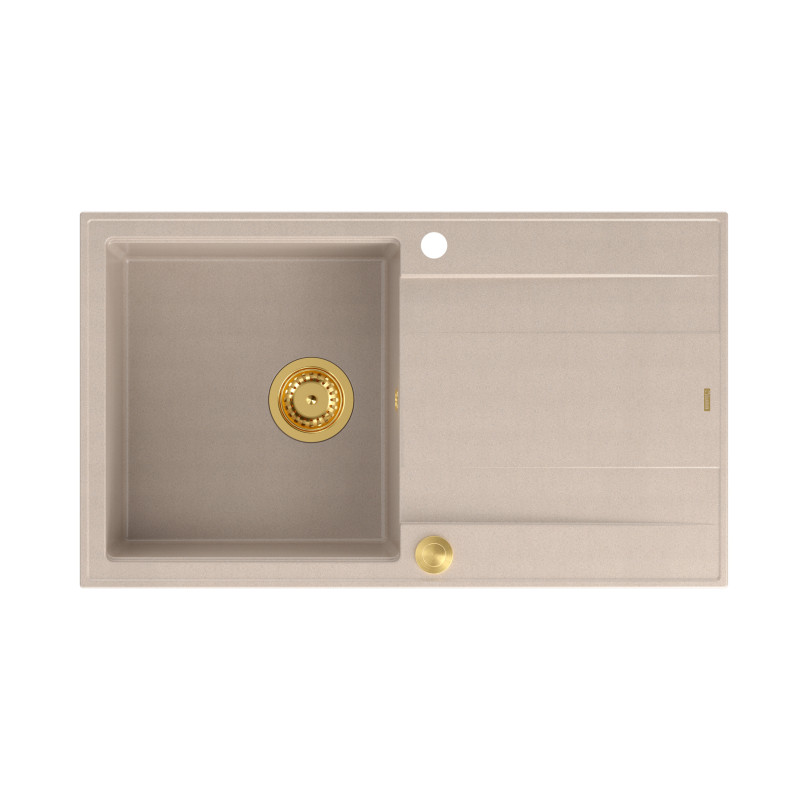 Zlewozmywak granitowy EVAN 111 – jednokomorowy, wpuszczany, pearl beige/elementy złote, Quadron