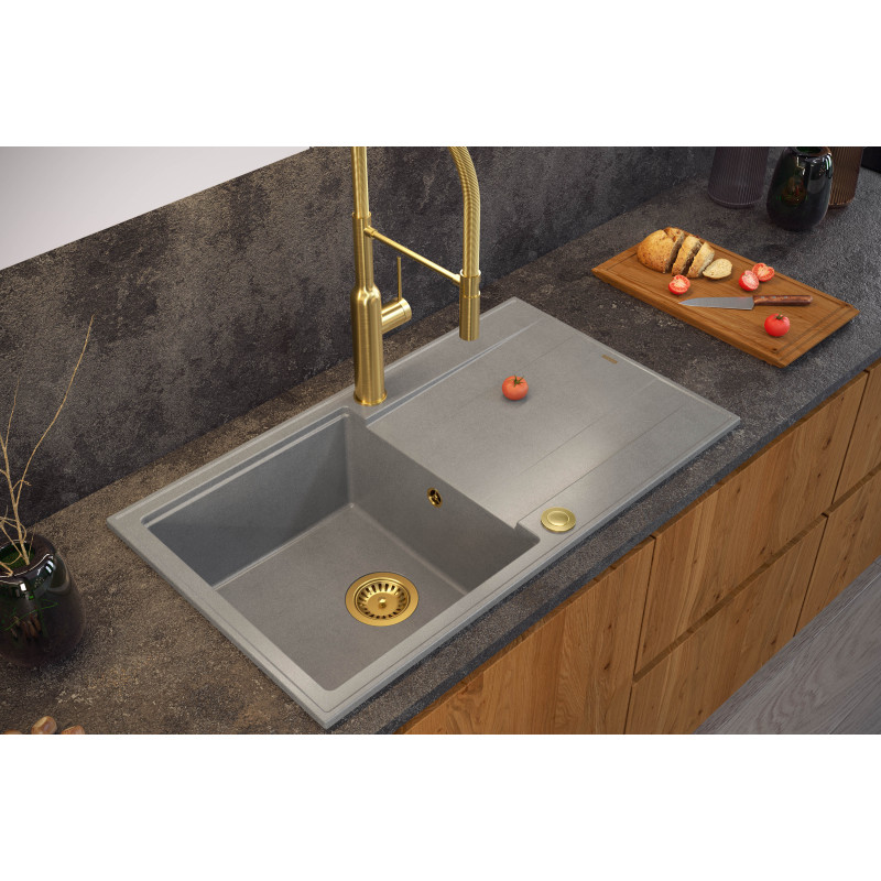 Zlewozmywak granitowy EVAN 111 – jednokomorowy, wpuszczany, pure carbon/elementy miedziane, Quadron