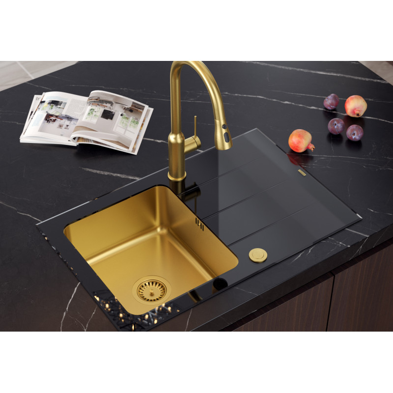 Zlewozmywak fusion FORD 111 – jednokomorowy, wpuszczany, czarne szkło hartowane/elementy złote, Quadron