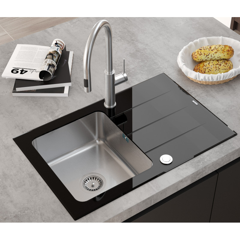 Zlewozmywak fusion FORD 111 – jednokomorowy, wpuszczany, czarne szkło hartowane/elementy stalowe, Quadron