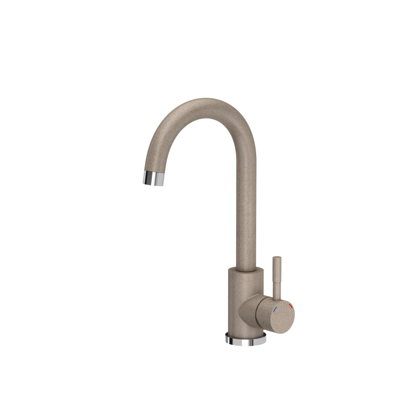 Zestaw GO-MAX zlewozmywak granitowy z baterią i deską – jednokomorowy, wpuszczany, beżowy/elementy stalowe, bateria w kolorze, deska bambusowa, Quadron