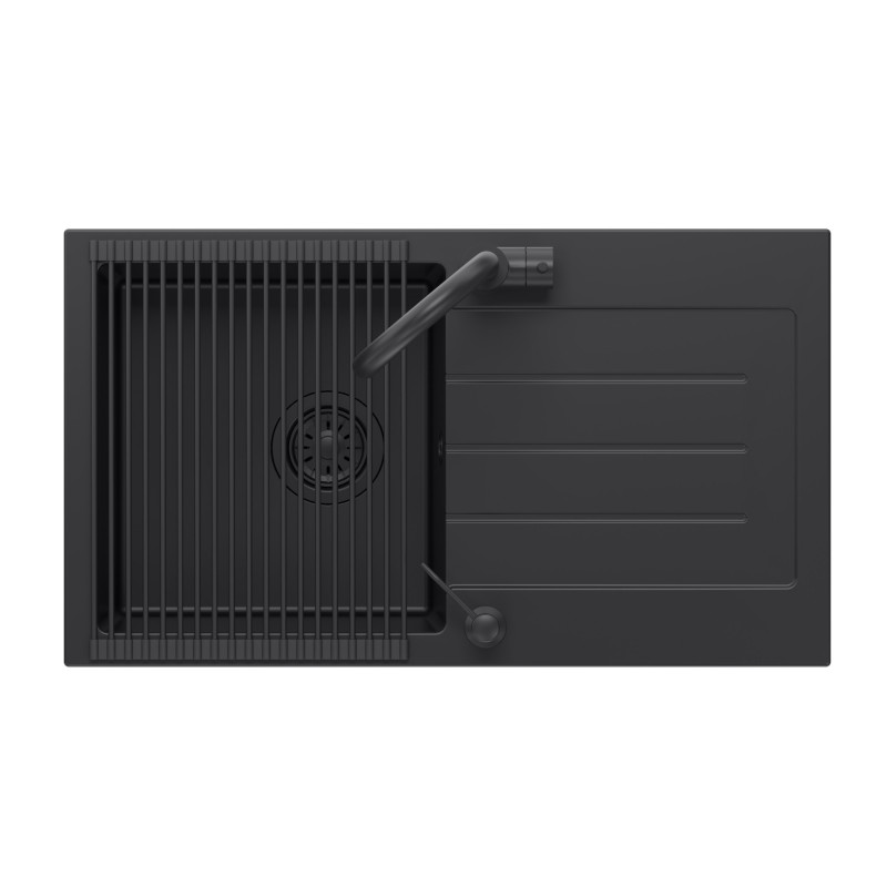 Zestaw JOHNNY 111 PURE CARBON zlewozmywak granitowy z baterią, dozownikiem i zwijaną matą – jednokomorowy, wpuszczany, pure carbon/elementy czarne, bateria pure carbon, dozownik pure carbon, Qmata pure carbon, Quadron