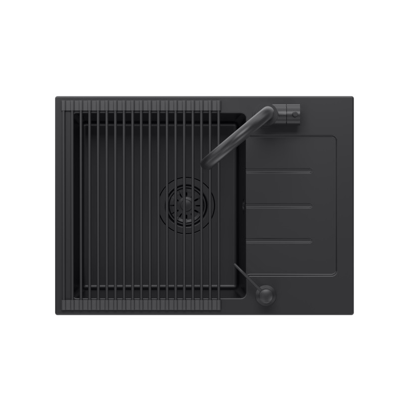 Zestaw JOHNNY 116 PURE CARBON zlewozmywak granitowy z baterią, dozownikiem i zwijaną matą – jednokomorowy, wpuszczany, pure carbon/elementy czarne, bateria pure carbon, dozownik pure carbon, Qmata pure carbon, Quadron