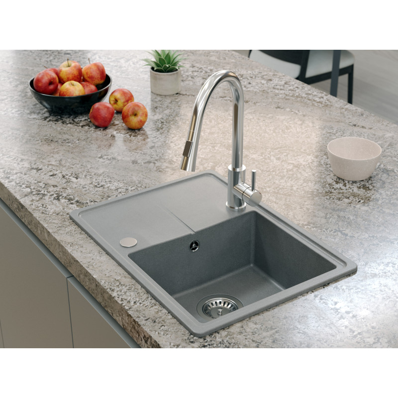 Bateria kuchenna JULIA – stalowa, chromowana, obrotowa, wyciągana wylewka, z prysznicem, Quadron