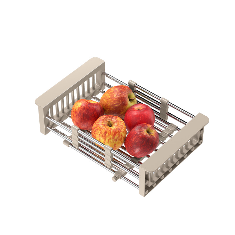 Koszyk do zlewozmywaka regulowany – stalowy, uchwyty beżowe (regulowana szerokość 300-440 x 215 mm)