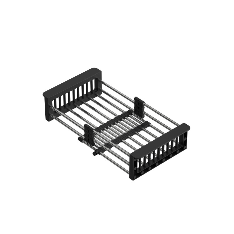 Koszyk do zlewozmywaka regulowany – stalowy, uchwyty czarne (regulowana szerokość 300-440 x 215 mm)