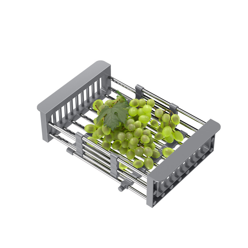 Koszyk do zlewozmywaka regulowany – stalowy, uchwyty szare (regulowana szerokość 300-440 x 215 mm)