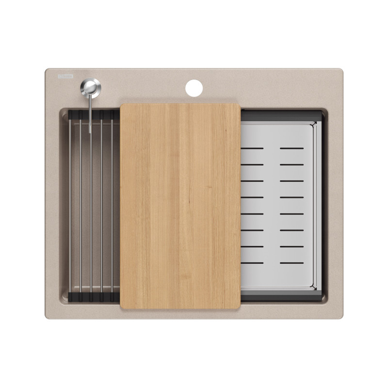 Zlewozmywak granitowy KURT 110 WORKSTATION – jednokomorowy, wpuszczany, pearl beige/elementy stalowe + AKCESORIA, Quadron
