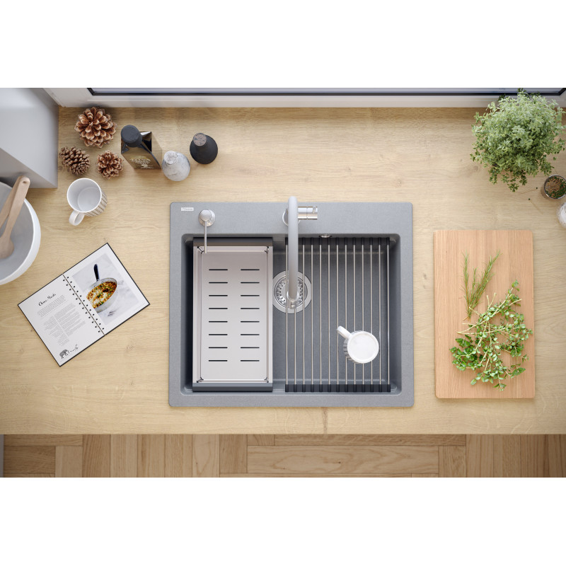Zlewozmywak granitowy KURT 110 WORKSTATION – jednokomorowy, wpuszczany, pearl beige/elementy stalowe + AKCESORIA, Quadron