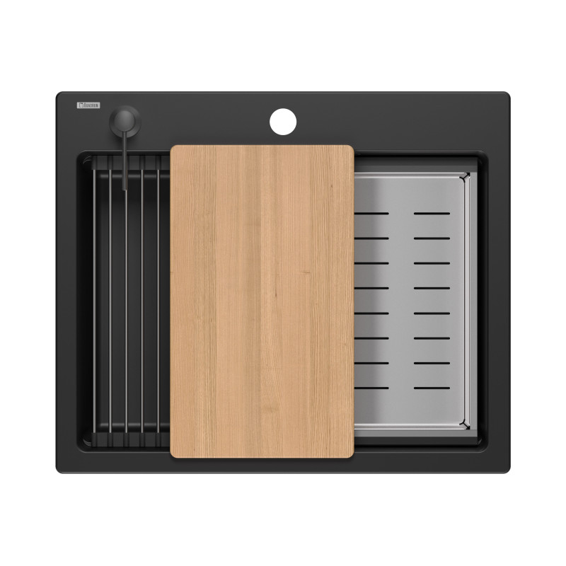 Zlewozmywak granitowy KURT 110 WORKSTATION – jednokomorowy, wpuszczany, pure carbon/elementy czarne + AKCESORIA, Quadron