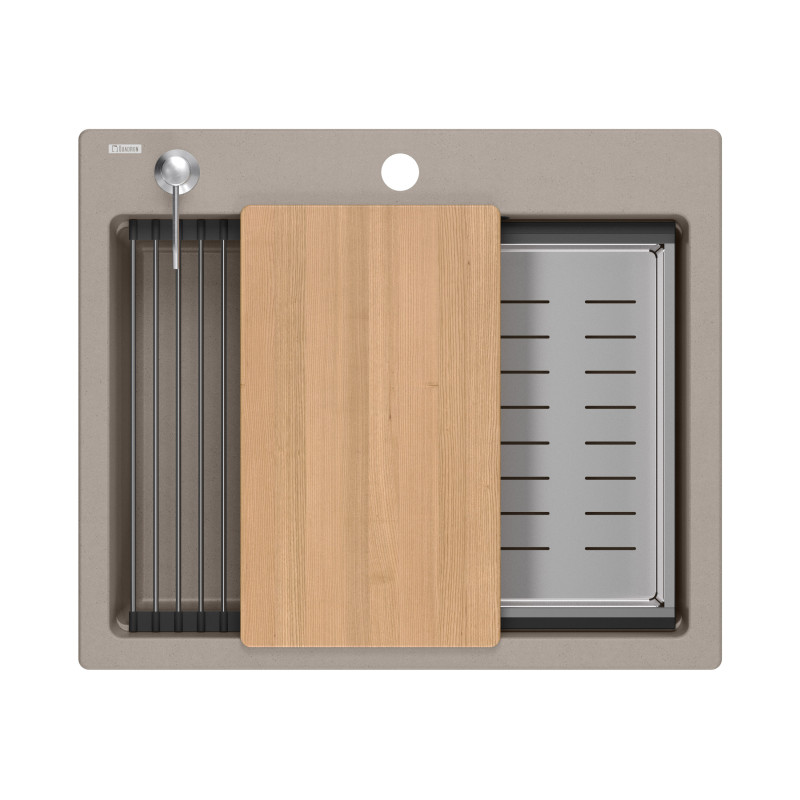 Zlewozmywak granitowy KURT 110 WORKSTATION – jednokomorowy, wpuszczany, soft taupe/elementy stalowe + AKCESORIA, Quadron