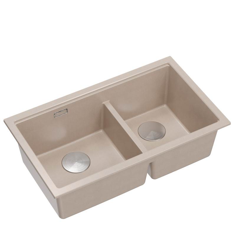 Zlewozmywak granitowy LOGAN 120 – dwukomorowy, podwieszany, pearl beige/elementy stalowe, Quadron