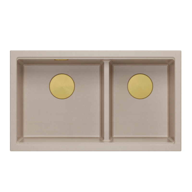 Zlewozmywak granitowy LOGAN 120 – dwukomorowy, podwieszany, pearl beige/elementy złote, Quadron