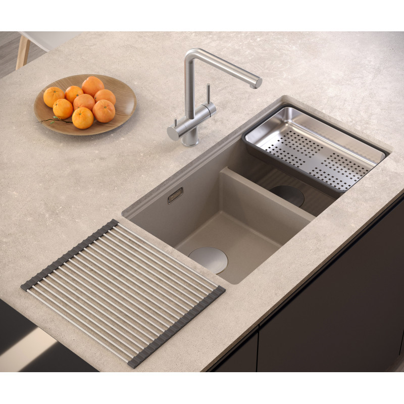 Zlewozmywak granitowy LOGAN 120 – dwukomorowy, podwieszany, pearl beige/elementy złote, Quadron
