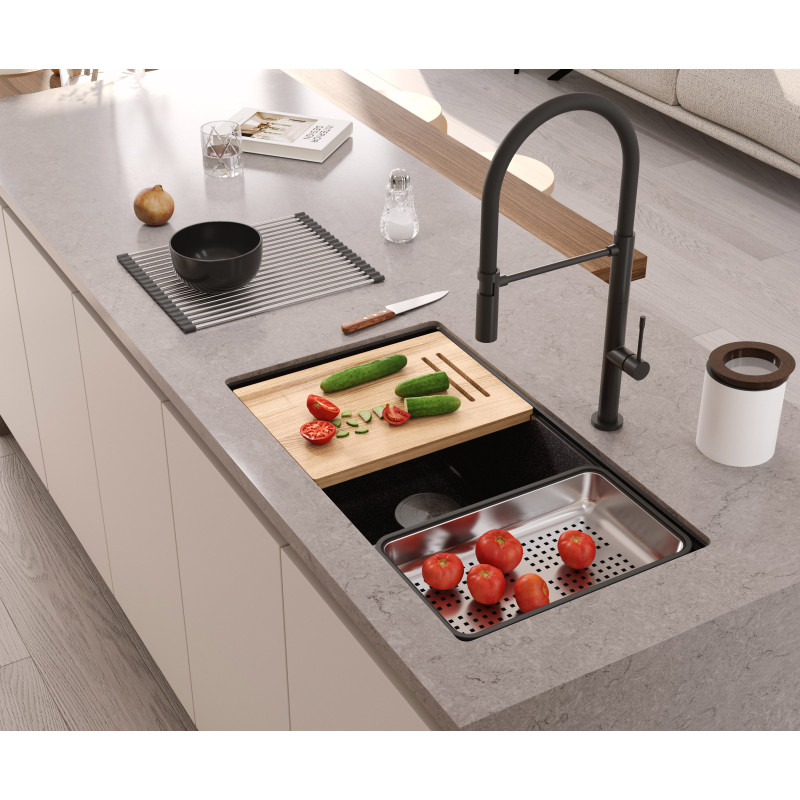 Zlewozmywak granitowy LOGAN 120 – dwukomorowy, podwieszany, pure carbon/elementy pure carbon, Quadron