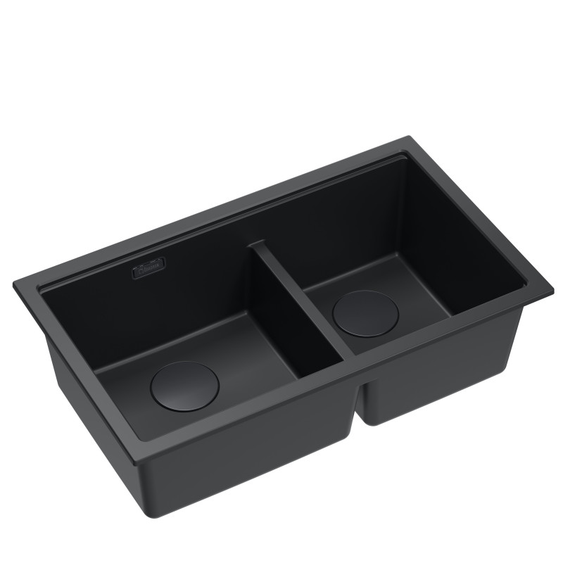 Zlewozmywak granitowy LOGAN 120 – dwukomorowy, wpuszczany, pure carbon/elementy pure carbon, Quadron
