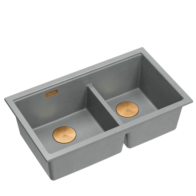 Zlewozmywak granitowy LOGAN 120 – dwukomorowy, podwieszany, silver stone/elementy miedziane, Quadron