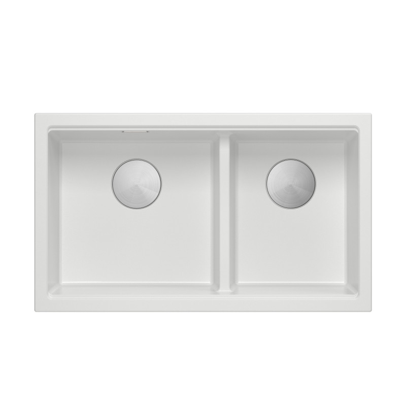 Zlewozmywak granitowy LOGAN 120 – dwukomorowy, podwieszany, snow white/elementy stalowe, Quadron