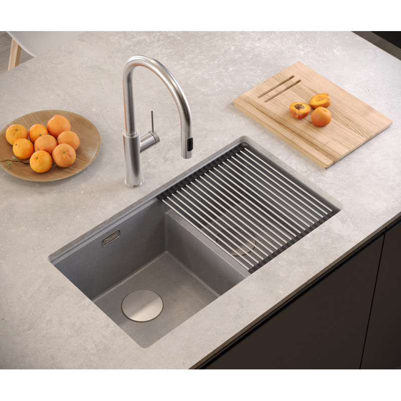 Zlewozmywak granitowy LOGAN 120 – dwukomorowy, podwieszany, snow white/elementy stalowe, Quadron