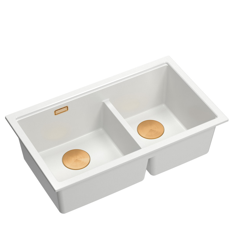 Zlewozmywak granitowy LOGAN 120 – dwukomorowy, wpuszczany, snow white/elementy miedziane, Quadron