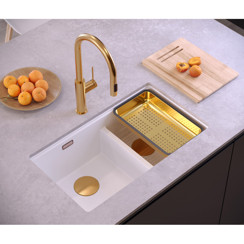 Zlewozmywak granitowy LOGAN 120 – dwukomorowy, podwieszany, soft taupe/elementy stalowe, Quadron