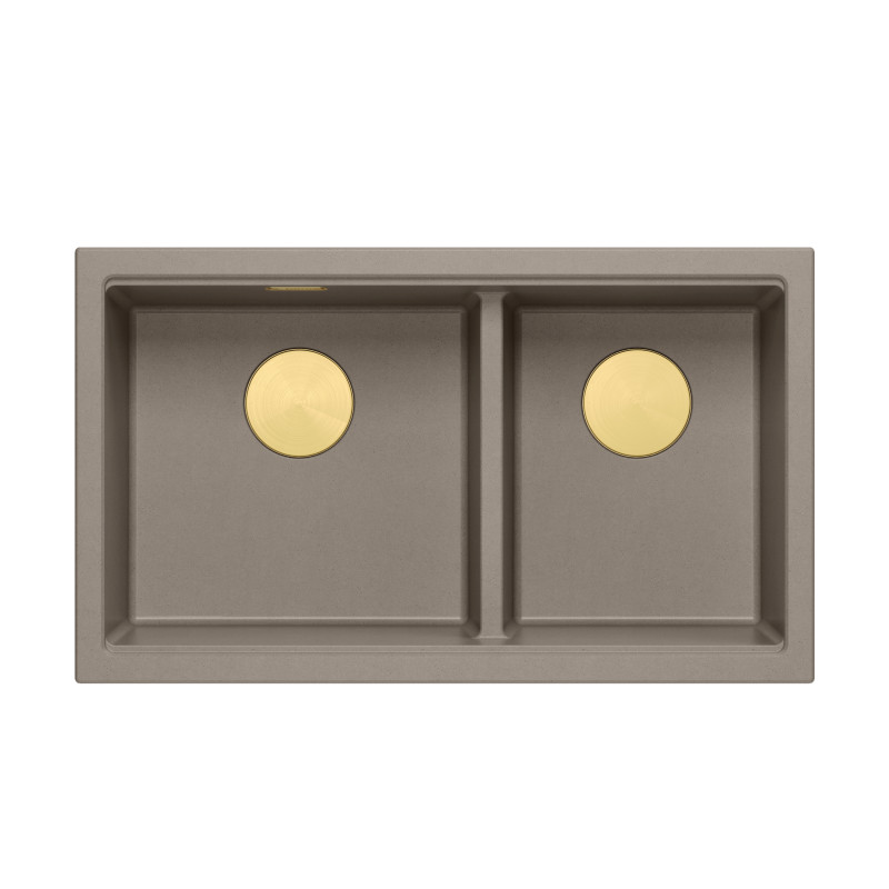 Zlewozmywak granitowy LOGAN 120 – dwukomorowy, podwieszany, soft taupe/elementy złote, Quadron