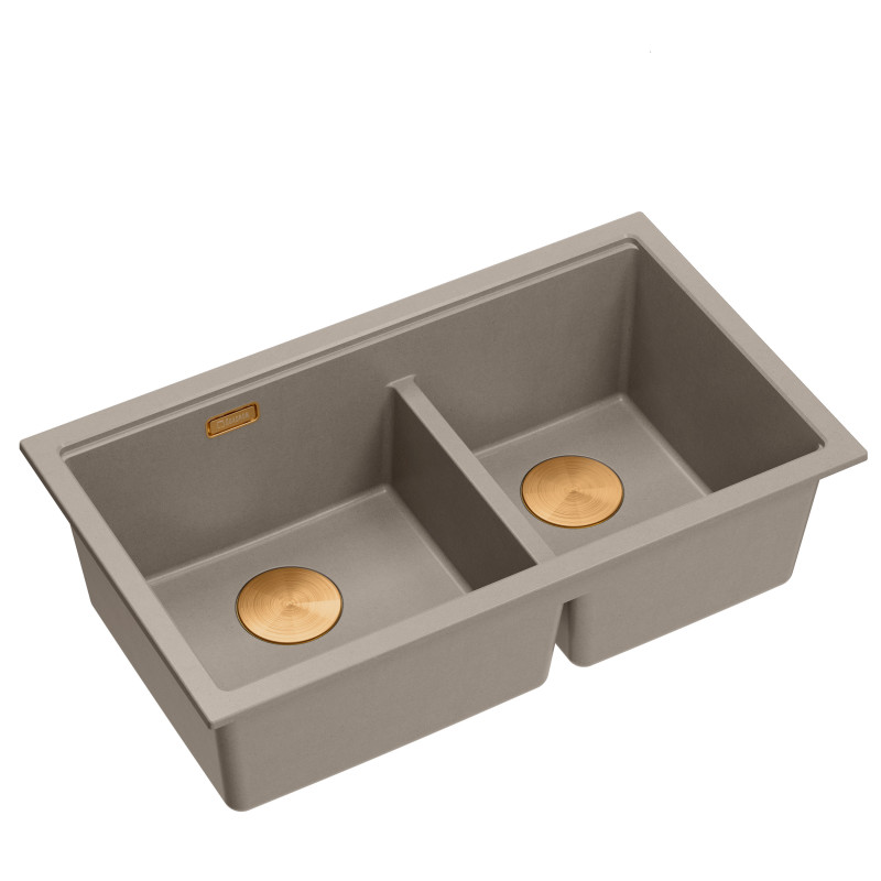 Zlewozmywak granitowy LOGAN 120 – dwukomorowy, wpuszczany, soft taupe/elementy miedziane, Quadron