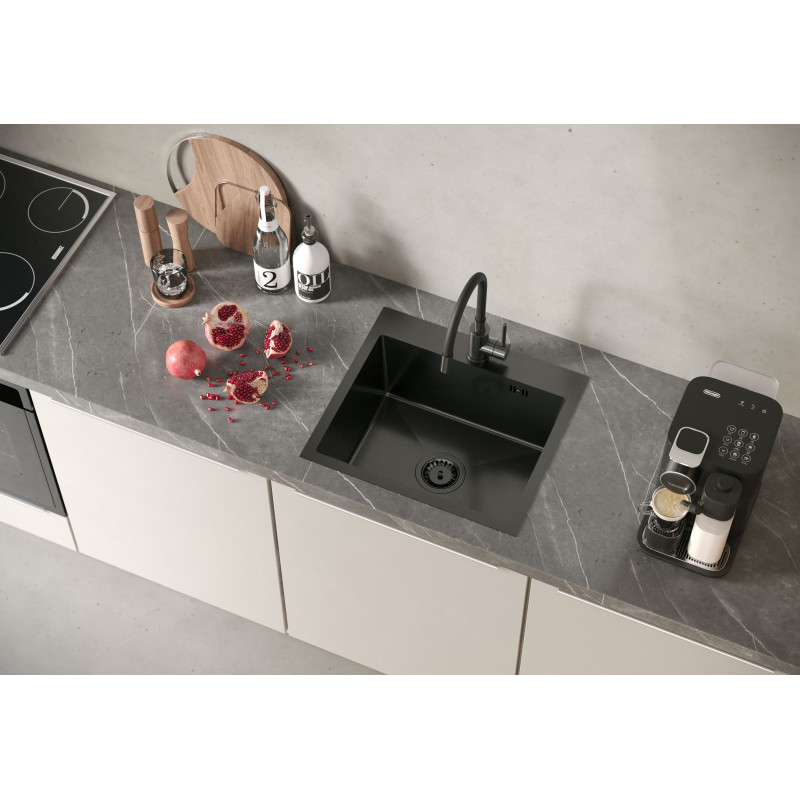 Zlewozmywak stalowy LUKE 100 + bateria z elastyczną wylewką – jednokomorowy, wpuszczany, stal black metal/elementy black metal, Quadron