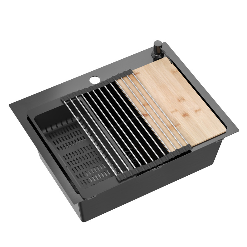 Zlewozmywak stalowy LUKE 110 WORKSTATION – jednokomorowy, wpuszczany, stal black metal/elementy black metal + AKCESORIA, Quadron
