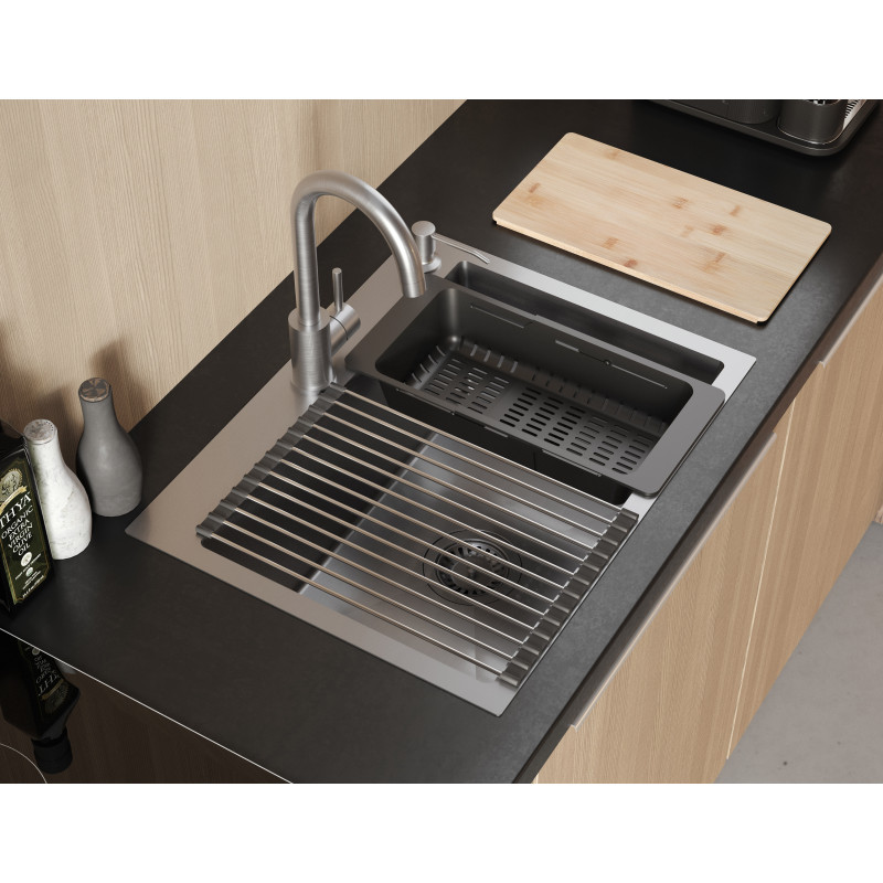 Zlewozmywak stalowy LUKE 110 WORKSTATION – jednokomorowy, wpuszczany, stal black metal/elementy black metal + AKCESORIA, Quadron