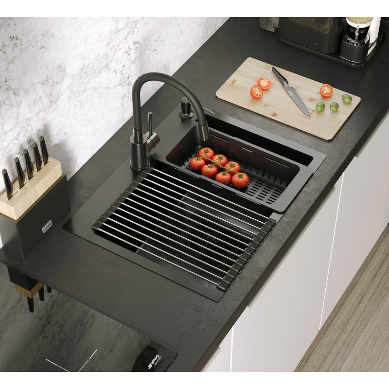 Zlewozmywak stalowy LUKE 110 WORKSTATION – jednokomorowy, wpuszczany, stal szlachetna/elementy stalowe + AKCESORIA, Quadron