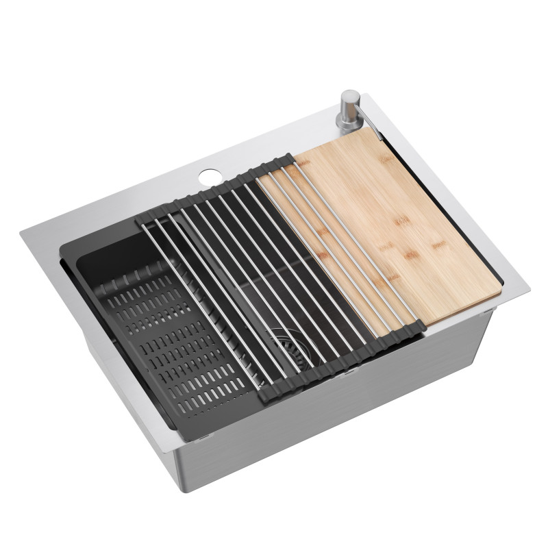 Zlewozmywak stalowy LUKE 110 WORKSTATION – jednokomorowy, wpuszczany, stal szlachetna/elementy stalowe + AKCESORIA, Quadron